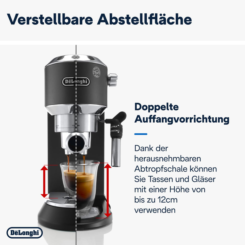 De'Longhi Dedica Style EC 685.B – Espresso Siebträgermaschine, Espressomaschine mit professionellem Milchaufschäumer, nur 15 cm breit, für Kaffeepulver oder ESE Pads, 1 l Wassertank, schwarz
