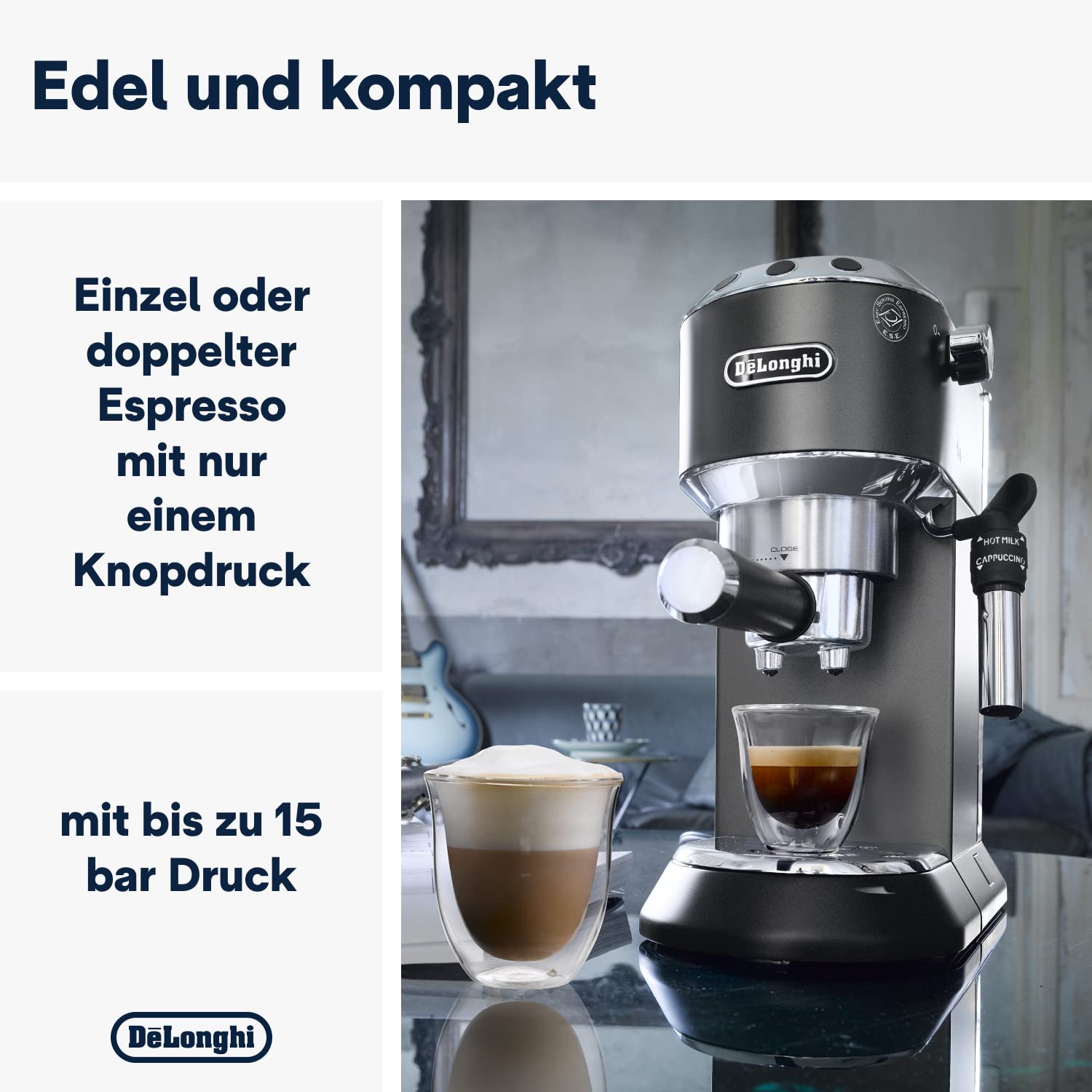 De'Longhi Dedica Style EC 685.B – Espresso Siebträgermaschine, Espressomaschine mit professionellem Milchaufschäumer, nur 15 cm breit, für Kaffeepulver oder ESE Pads, 1 l Wassertank, schwarz